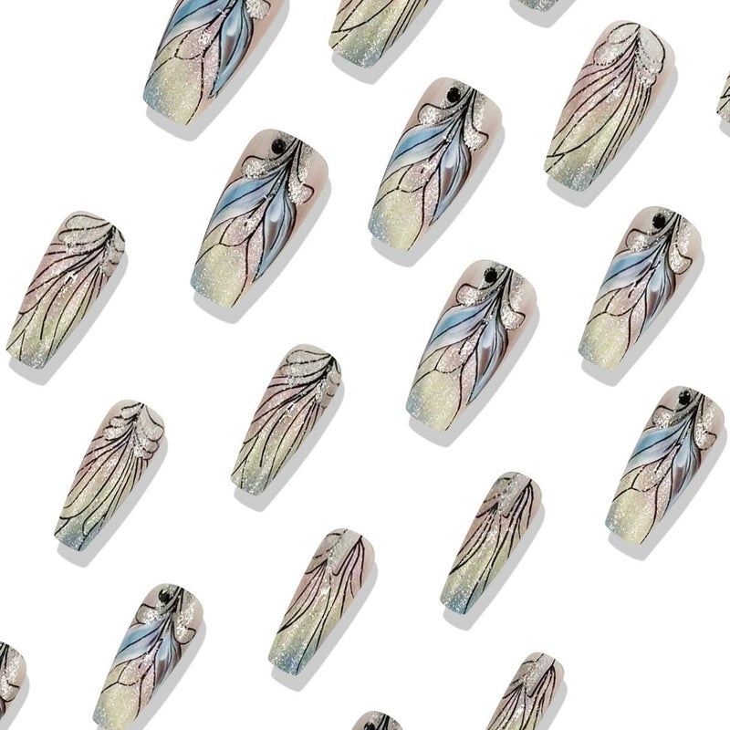 juggssa Press on Nails Medium Coffin Fake Nails Rainbow Glitter Acrylic Ballet Nails Rainbow Gradient Acrylic Full Cover Reusable False Nails with Jelly Glue Stick on Nails Glue on Nails for Women 24PCS - Image 3